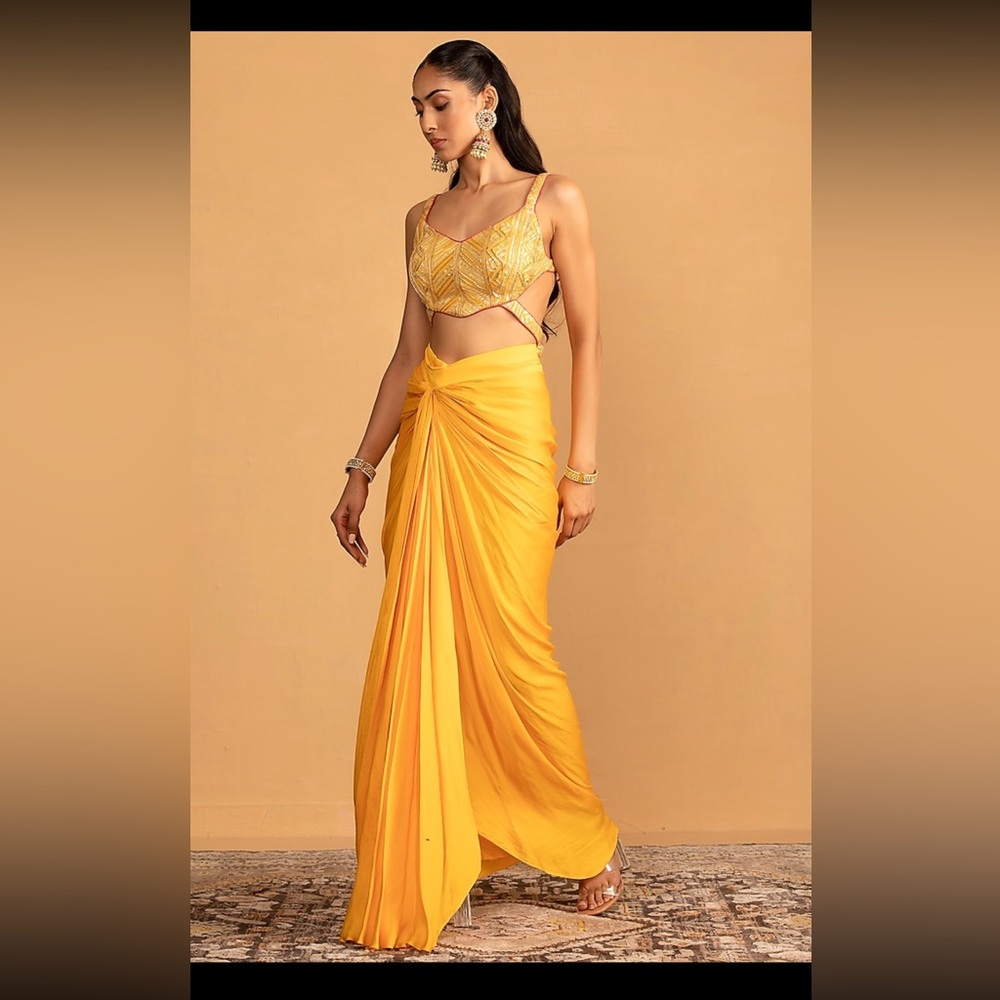 Yellow Georgette Pre-Draped Dhoti Set